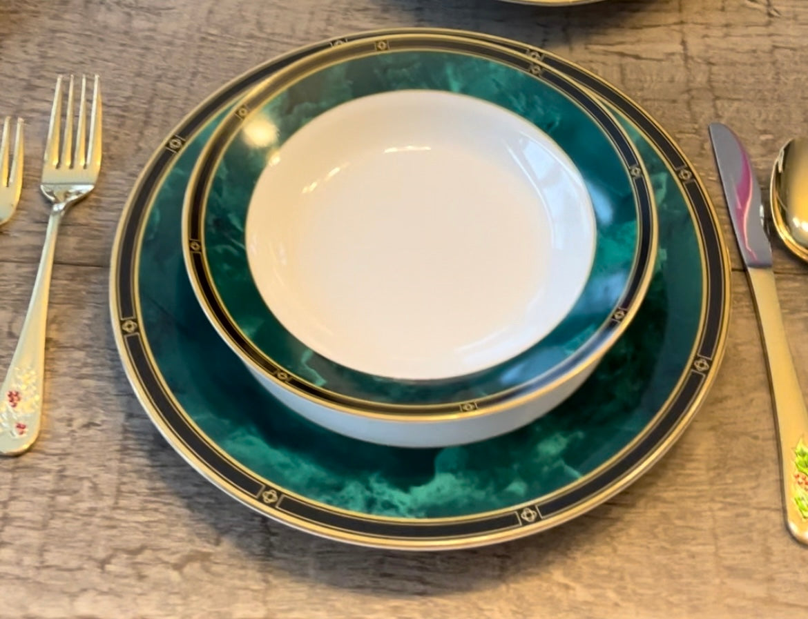 Vintage Jade Garland Fine China Set of 4 Dinner Plates + 4 Salad/Soup Bowls + 2 Serving Platters 14” Oval Platter + 11” Large Serving Bowl