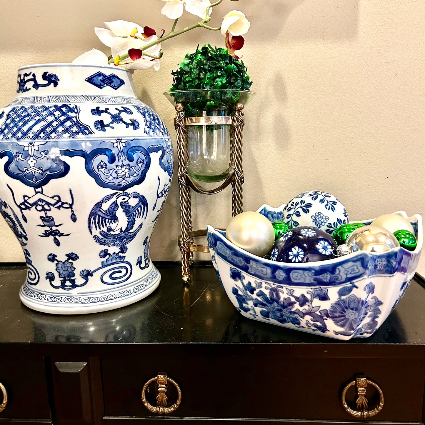 Fabulous vintage blue & white octagon planter centerpiece bowl 11d