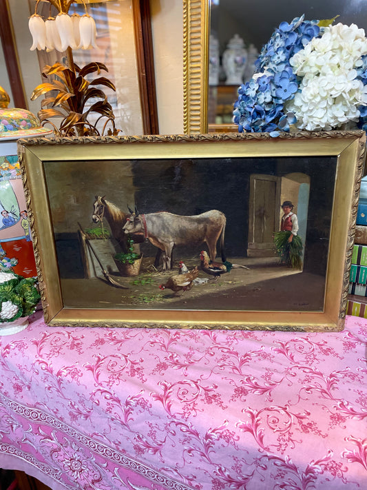 RESERVED Antique 19th c. Signed Oil Painting  Farm Scene