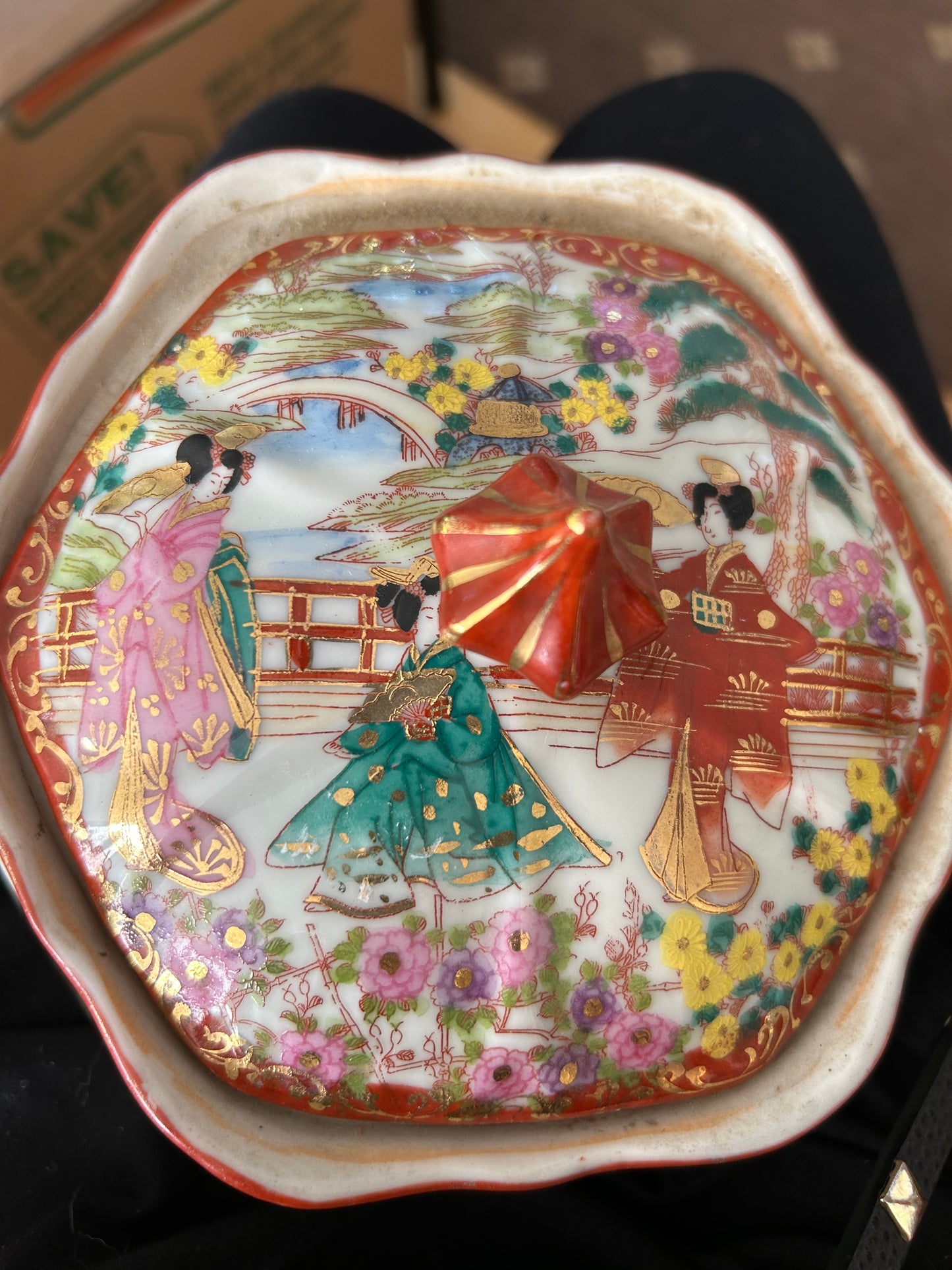 Pretty Antique Japanese Kutani Jar with Hand Painted Geishas and Blossoms