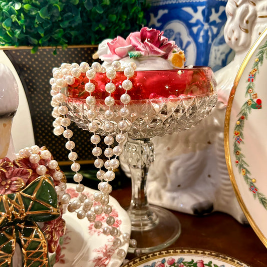 Beautiful cranberry red etched pedestal dish