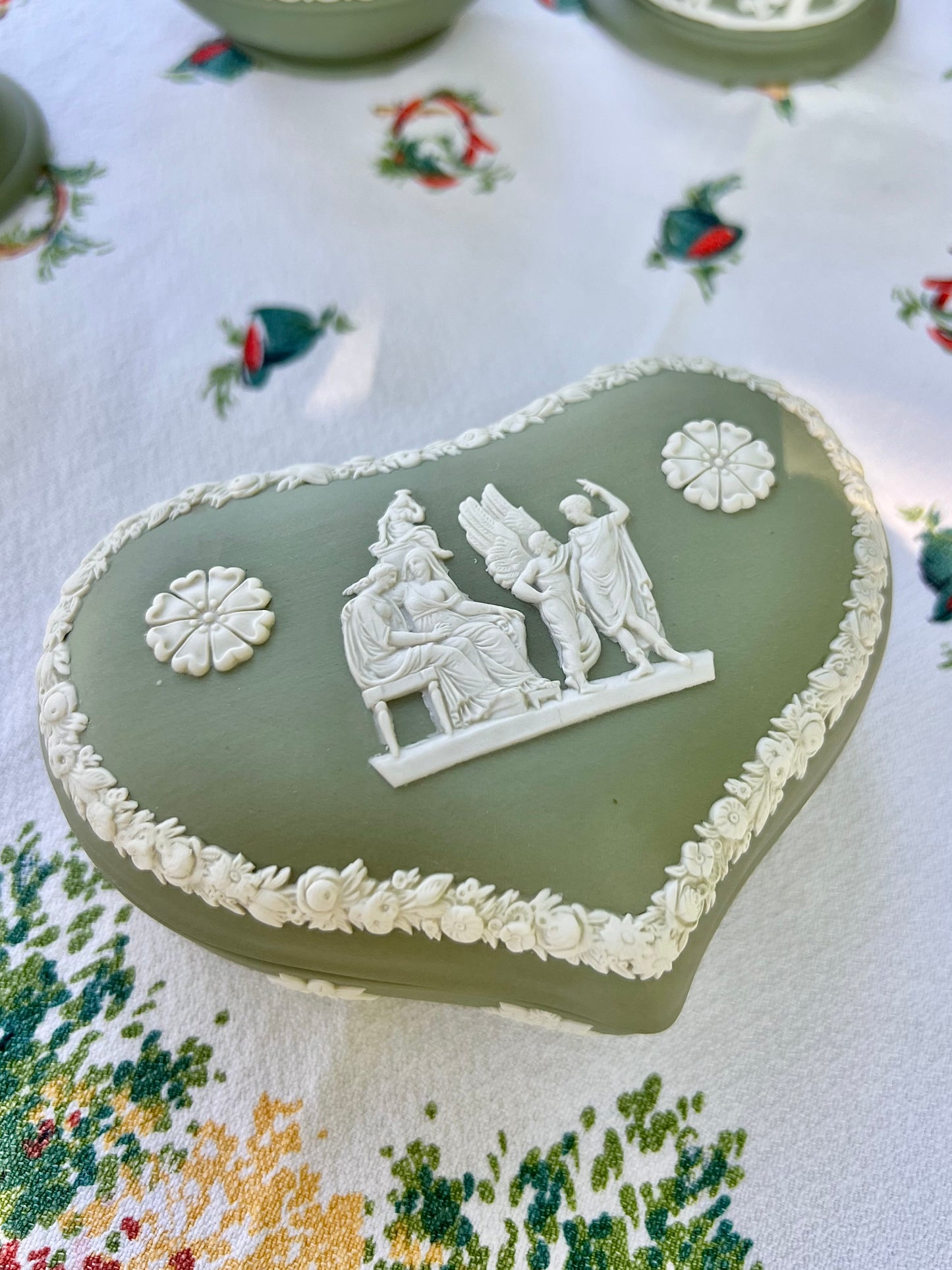 Vintage Green Wedgwood Jasperware Heart Shaped Box - 5.25" x 4"