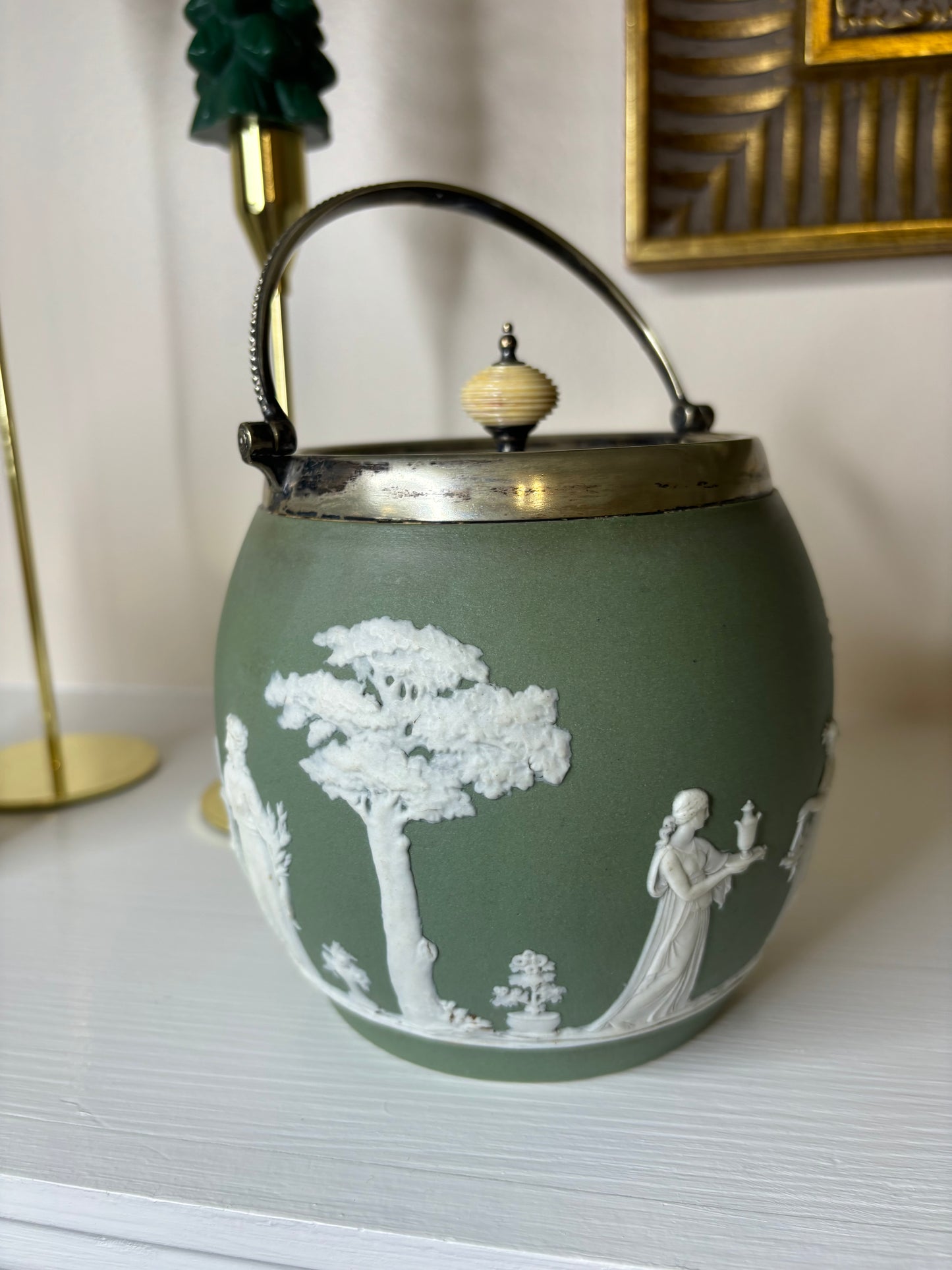 Vintage Green Jasperware Biscuit Barrel!