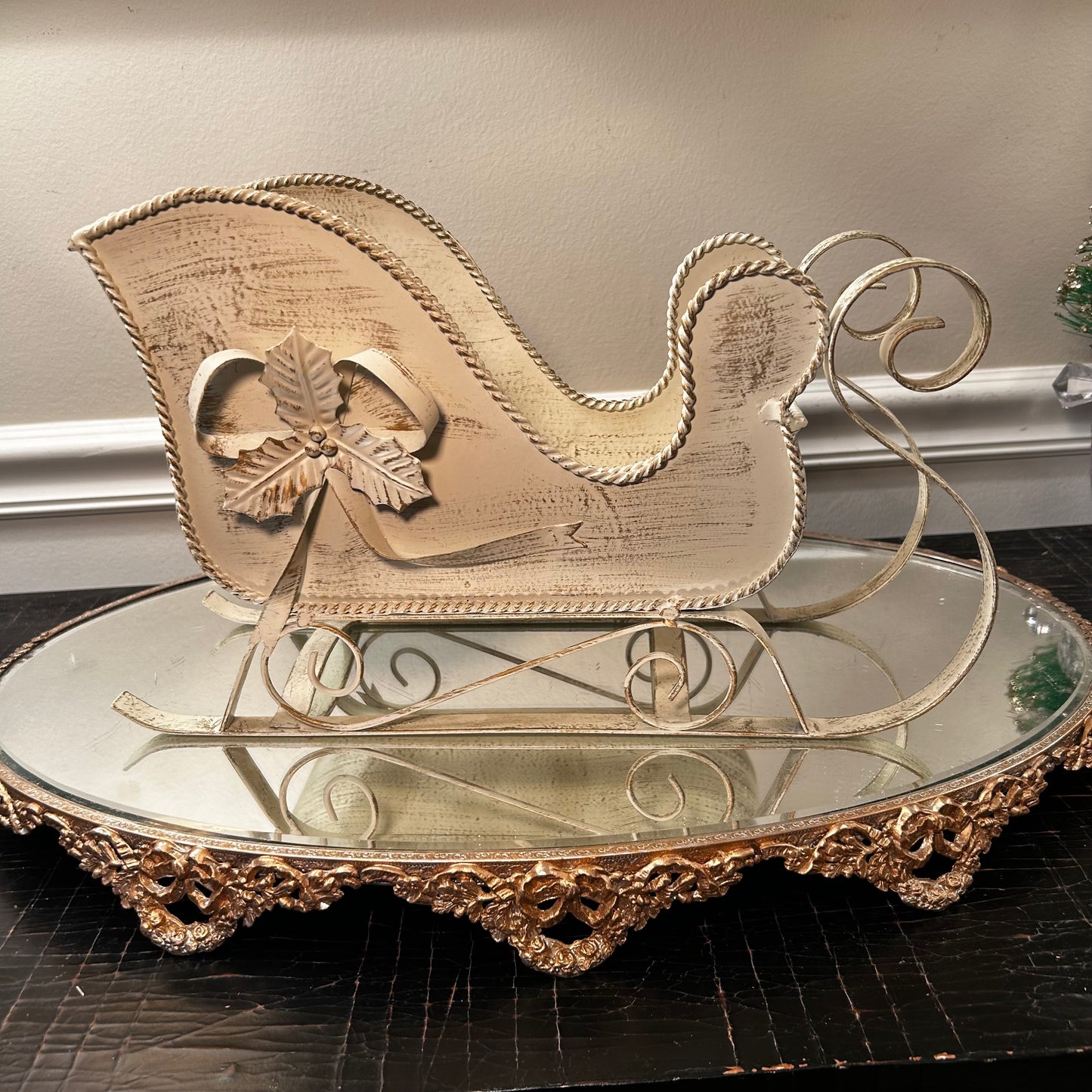 Massive Vintage Ivory tole Christmas Sleigh centerpiece