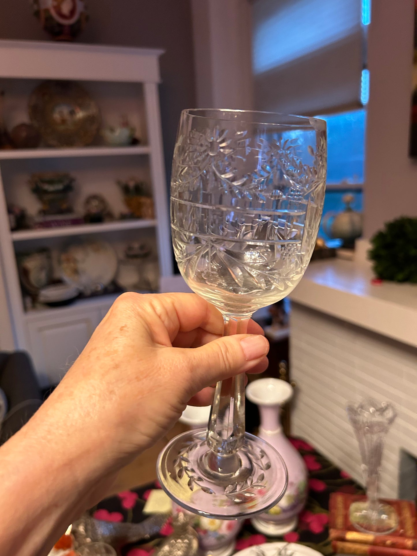 Gorgeous Set of 8 Hand Engraved Crystal Wine Glasses