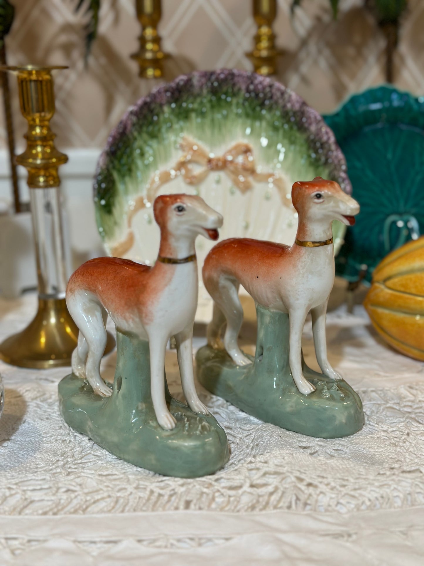Reproduction Pair (2) Whippet dog figures, 7x6” - excellent!