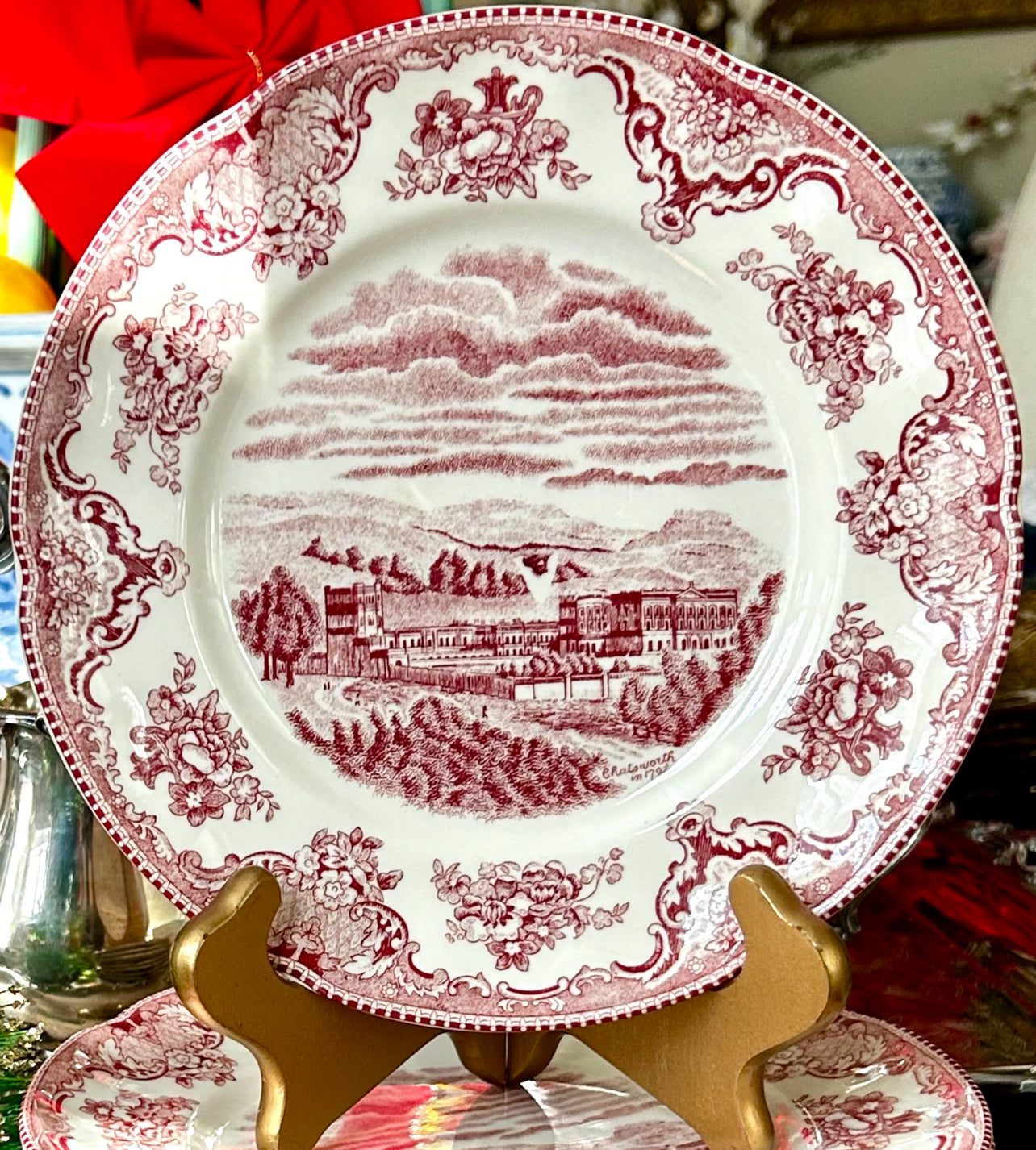 Set of 11 Johnson Brothers Of England pink / red & white toile salad dessert plates 8 in