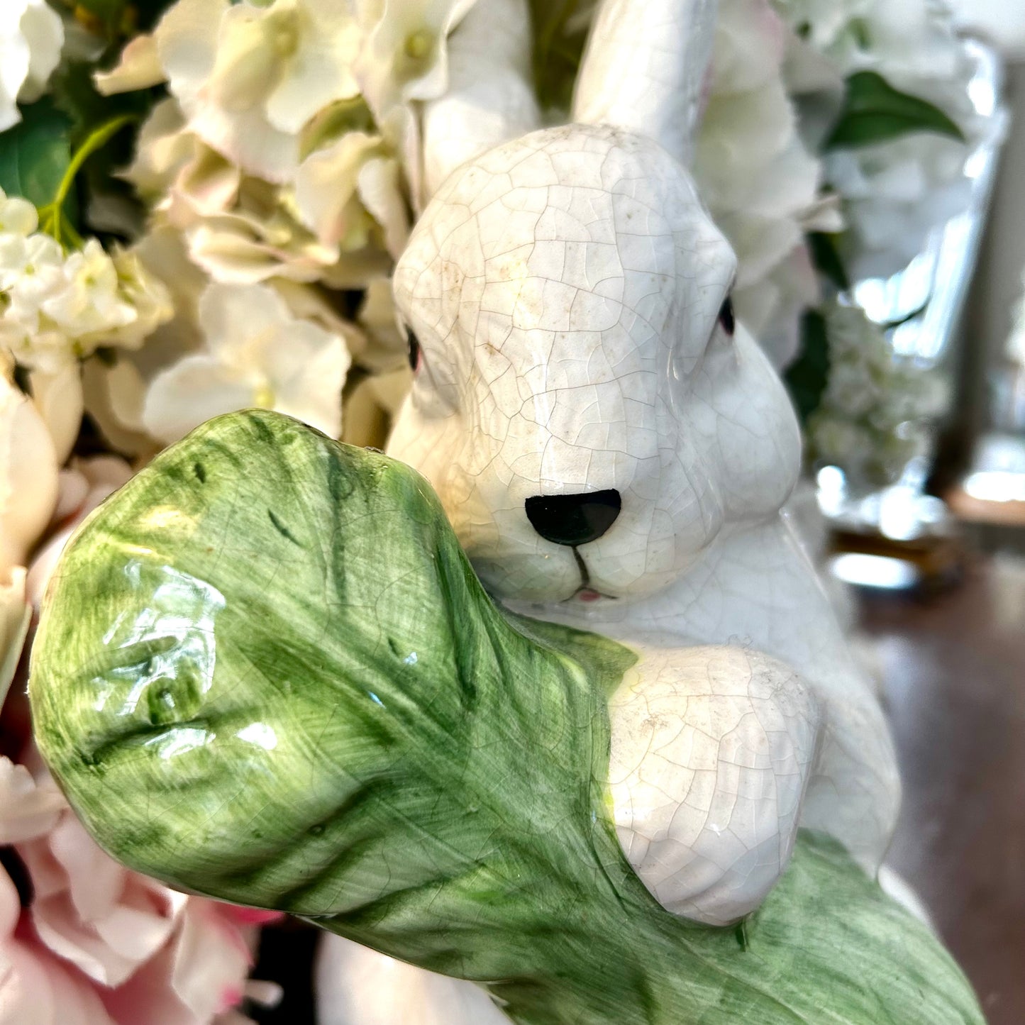 Handsome majolica inspired bunny rabbit standing 12 in tall