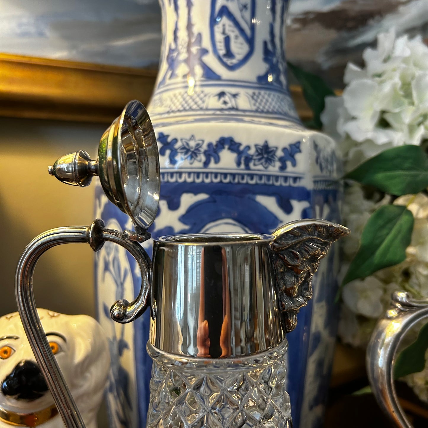 Delightful Baccas Vintage aged silver plate & crystal tall lidded pitcher vase