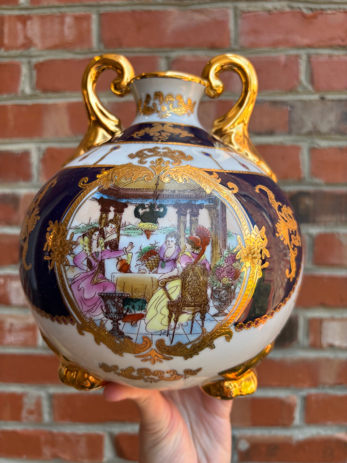 Stunning Limoges handpainted, gilded, and cobalt round vase!