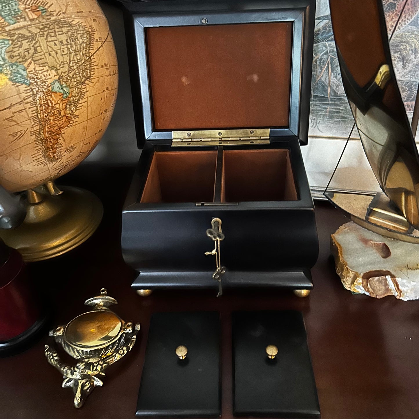 Warm expresso wood lidded box with gold ball feet and 2 special keys