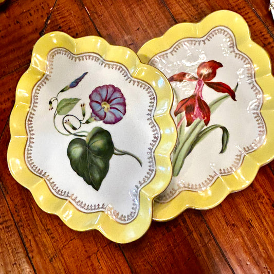 Set of two stunning designer Chelsea House hand painted porcelain botanicals diamond platters