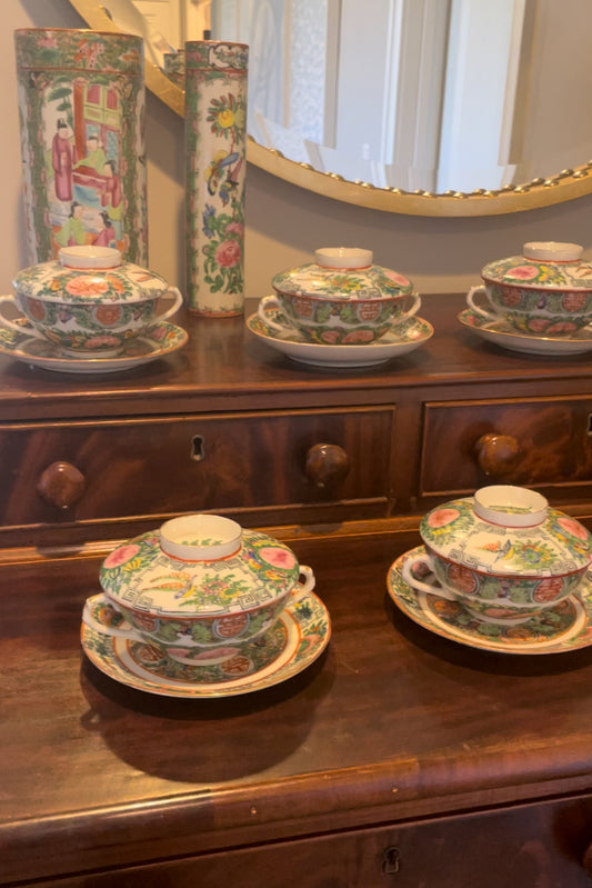 Antique Set of 4 Rose Canton Double Handled Teacups or Rice Bowls with Saucers & Lids - Mint Condition