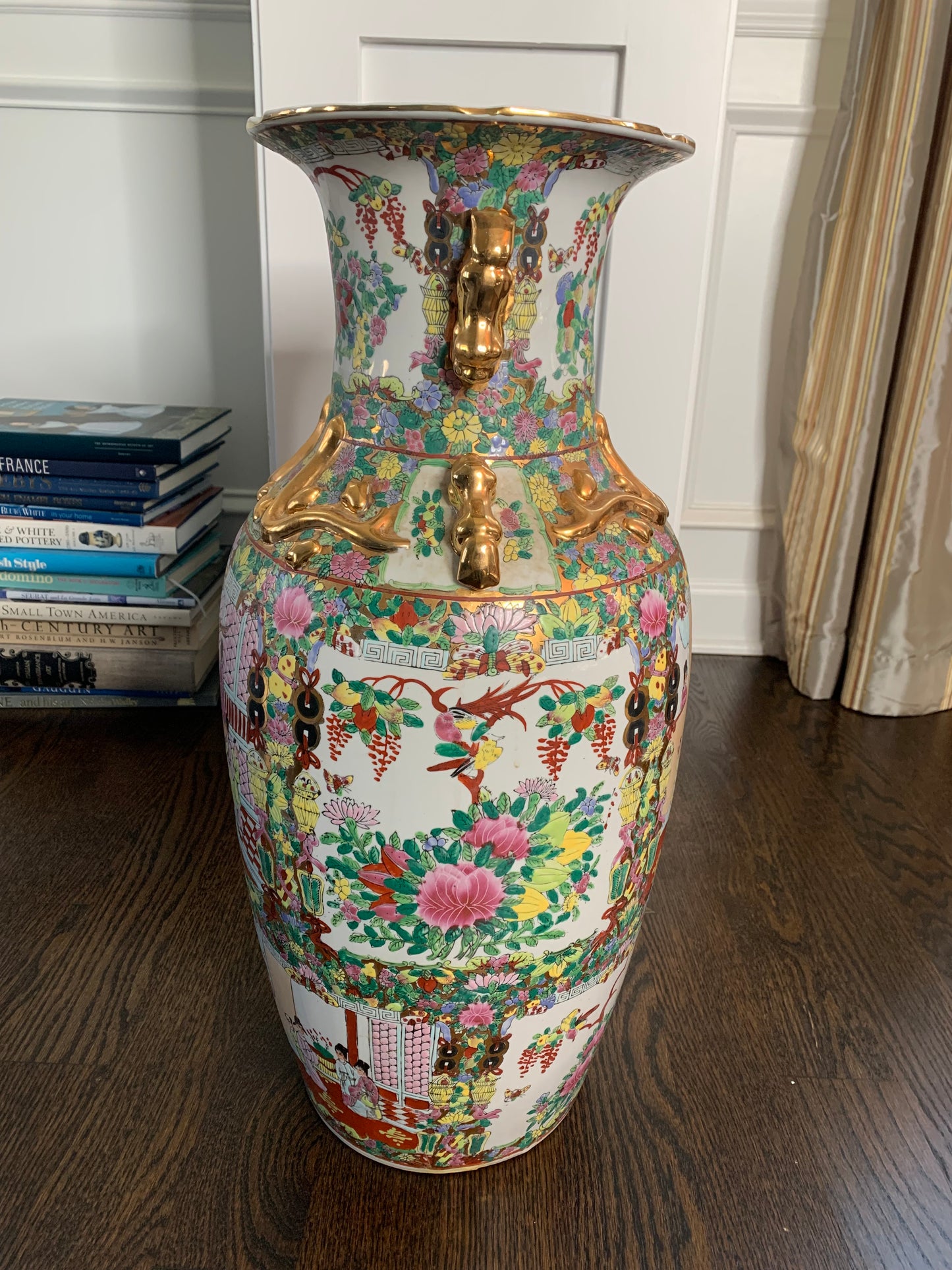 Large Rose Famille Floor Vase with gold detail