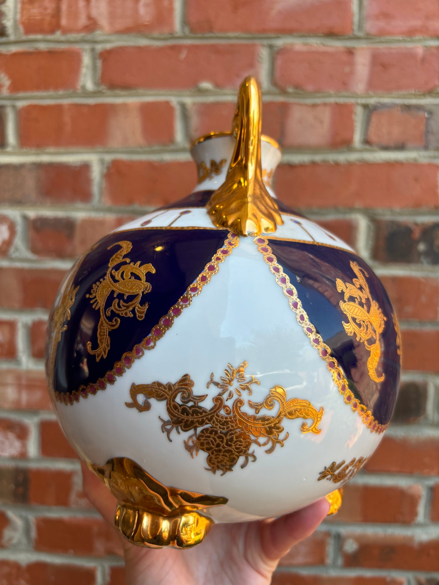 Stunning Limoges handpainted, gilded, and cobalt round vase!