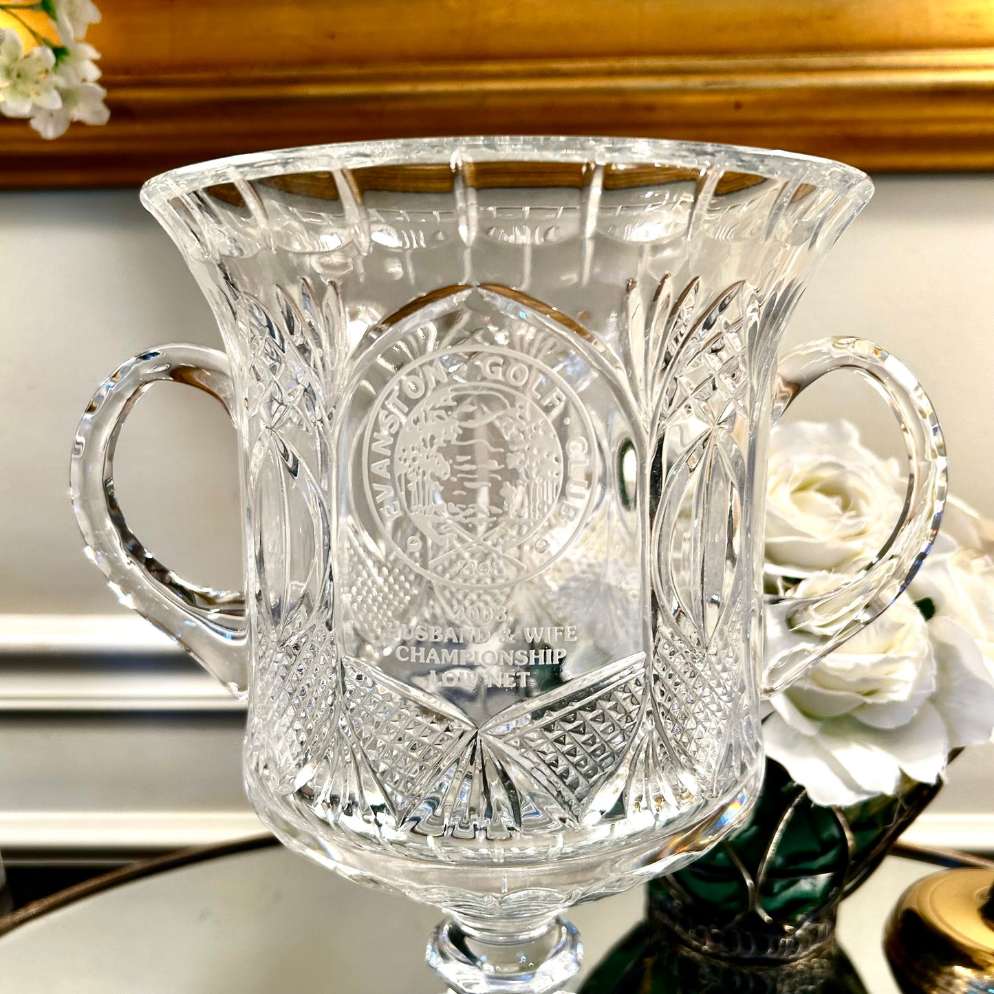 Stunning vintage crystal double handle monogrammed trophy vase champagne bucket