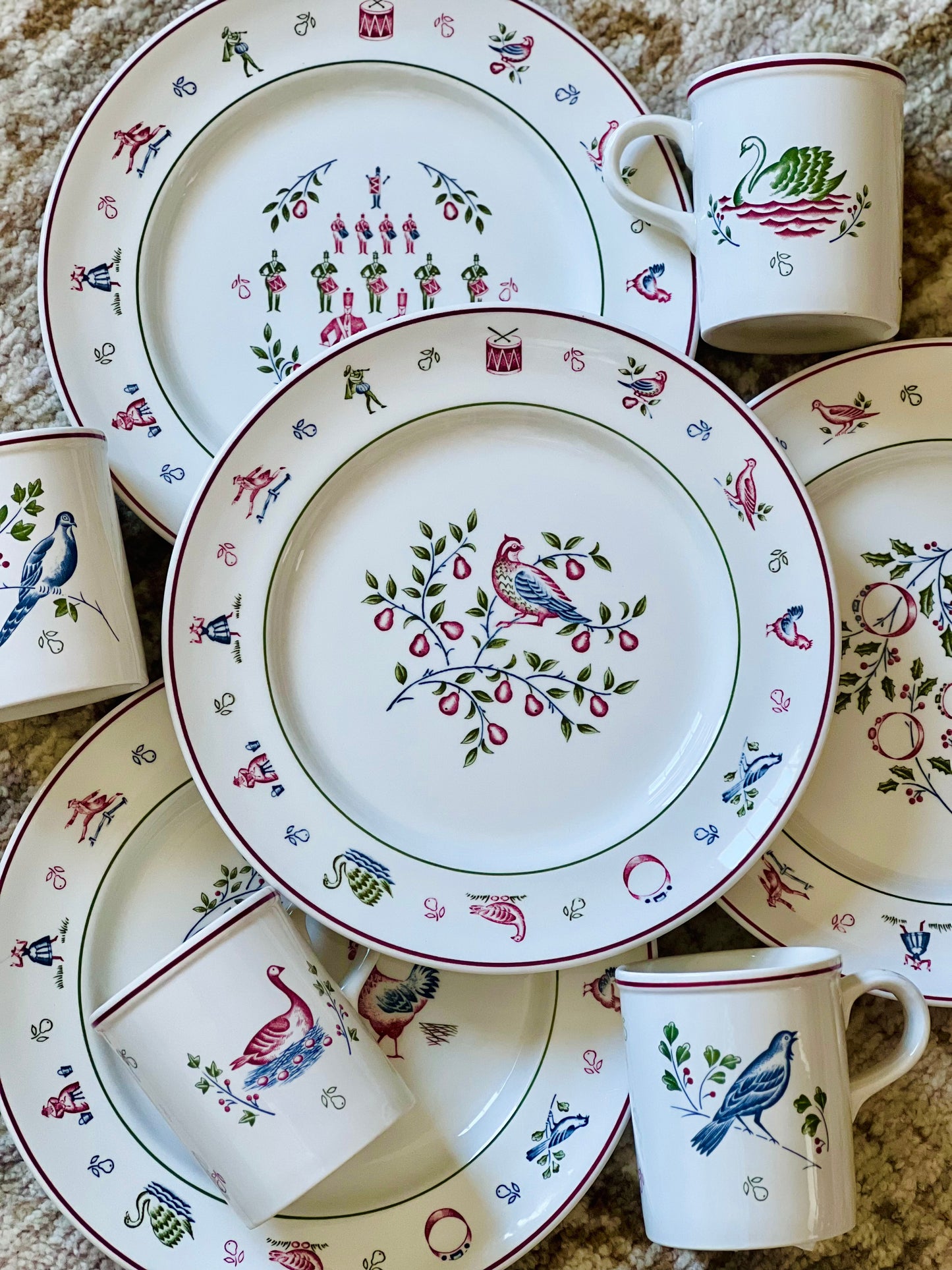 Beautiful Vintage “12 Days of Christmas” by Johnson Brothers England - Set of 4 Dinner Plates & Mugs