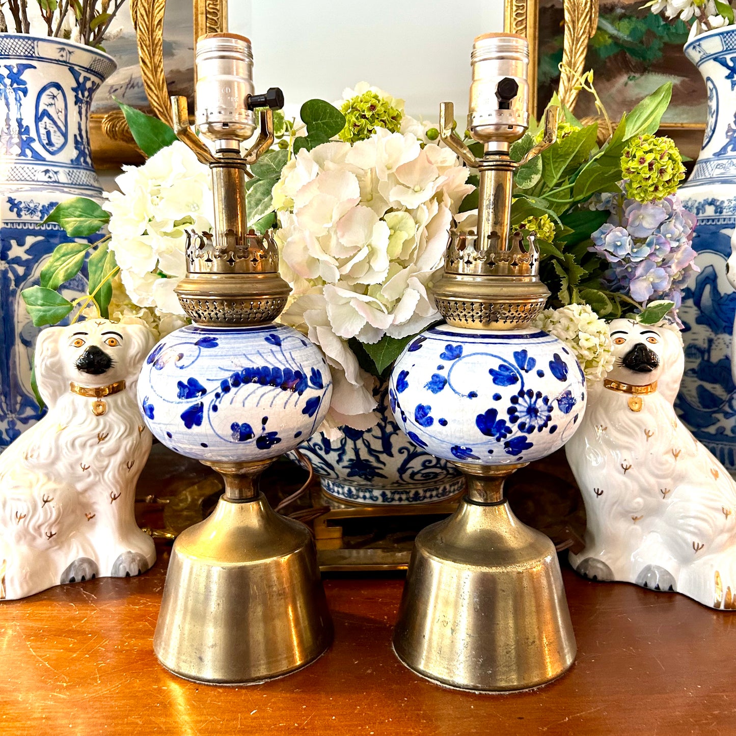 Pair older Vintage brass  blue and white porcelain Lamps