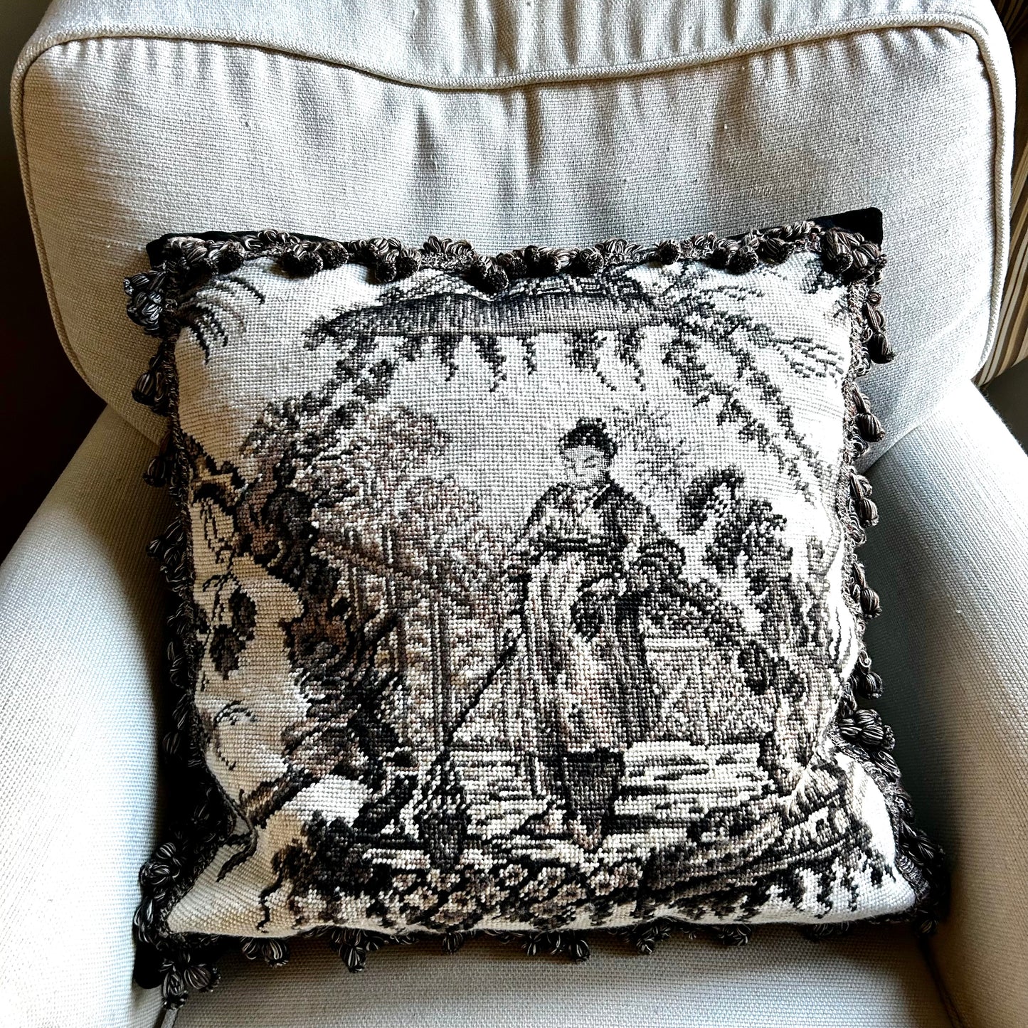 Absolutely stunning oversized chinoiserie needlepoint pillow.