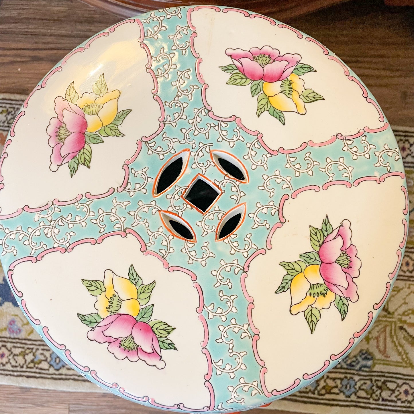 Turquoise Famille Rose Garden Stool Vintage, 18.5”x12”