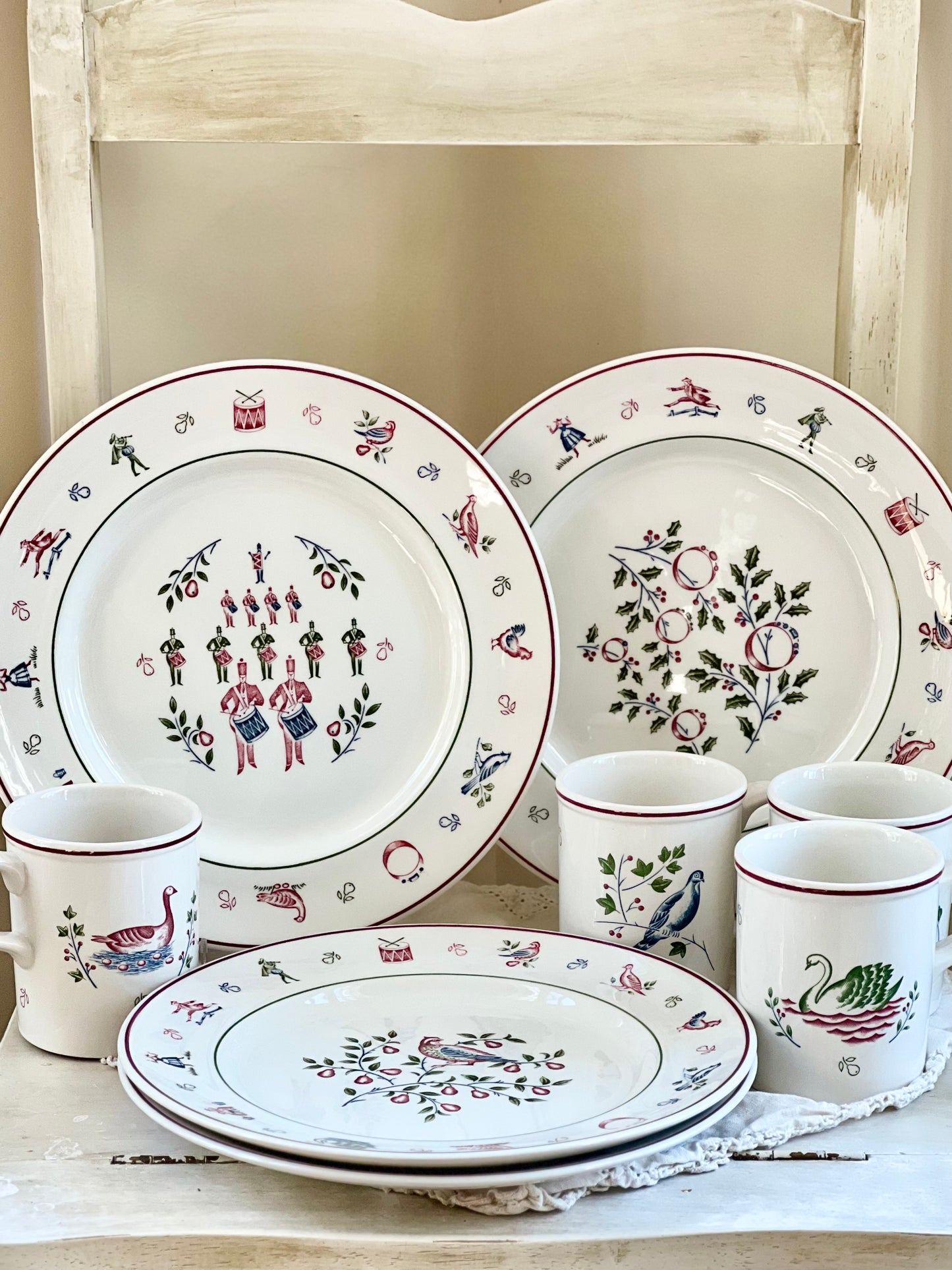 Beautiful Vintage “12 Days of Christmas” by Johnson Brothers England - Set of 4 Dinner Plates & Mugs