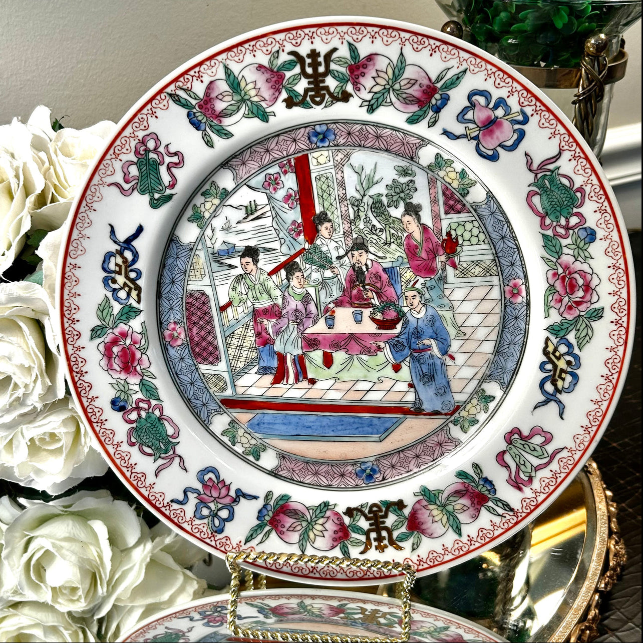 Gorgeous Framed gold wood framed rose medallion famille round dinner plate