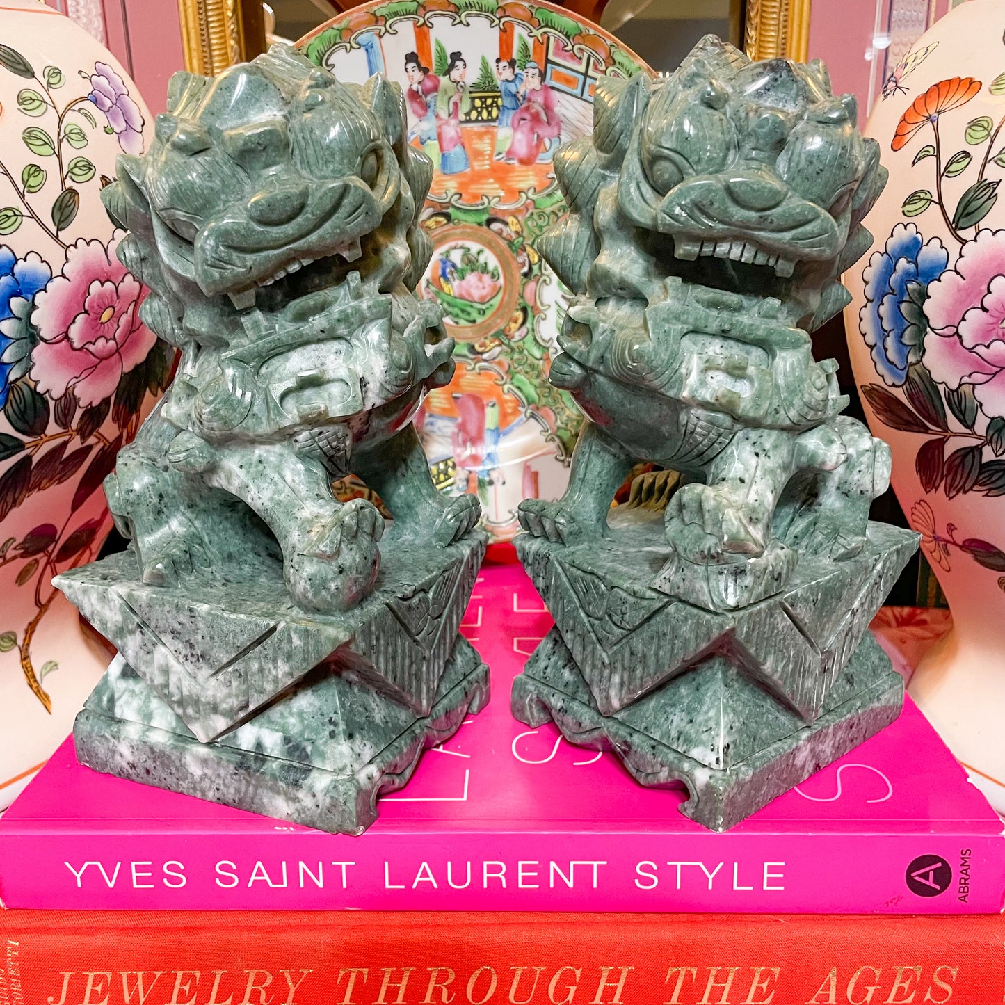 Fine Pair of Carved Green Marble Foo Dogs 8”