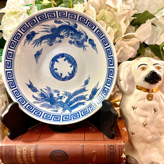 Bold blue and white chinoiserie dragon bowl with Greek key trim