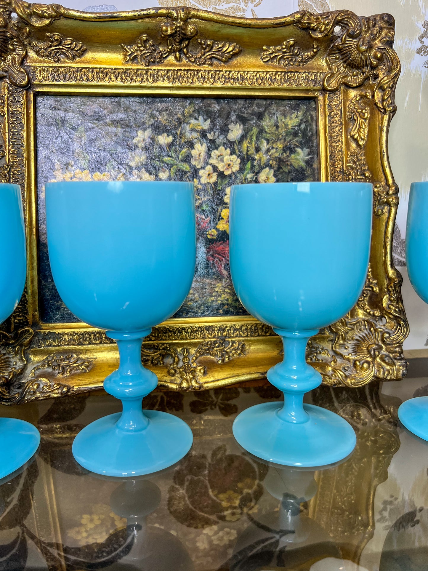 Set of Four Portieux Vallersythal Blue Opaline Water/Wine Goblets