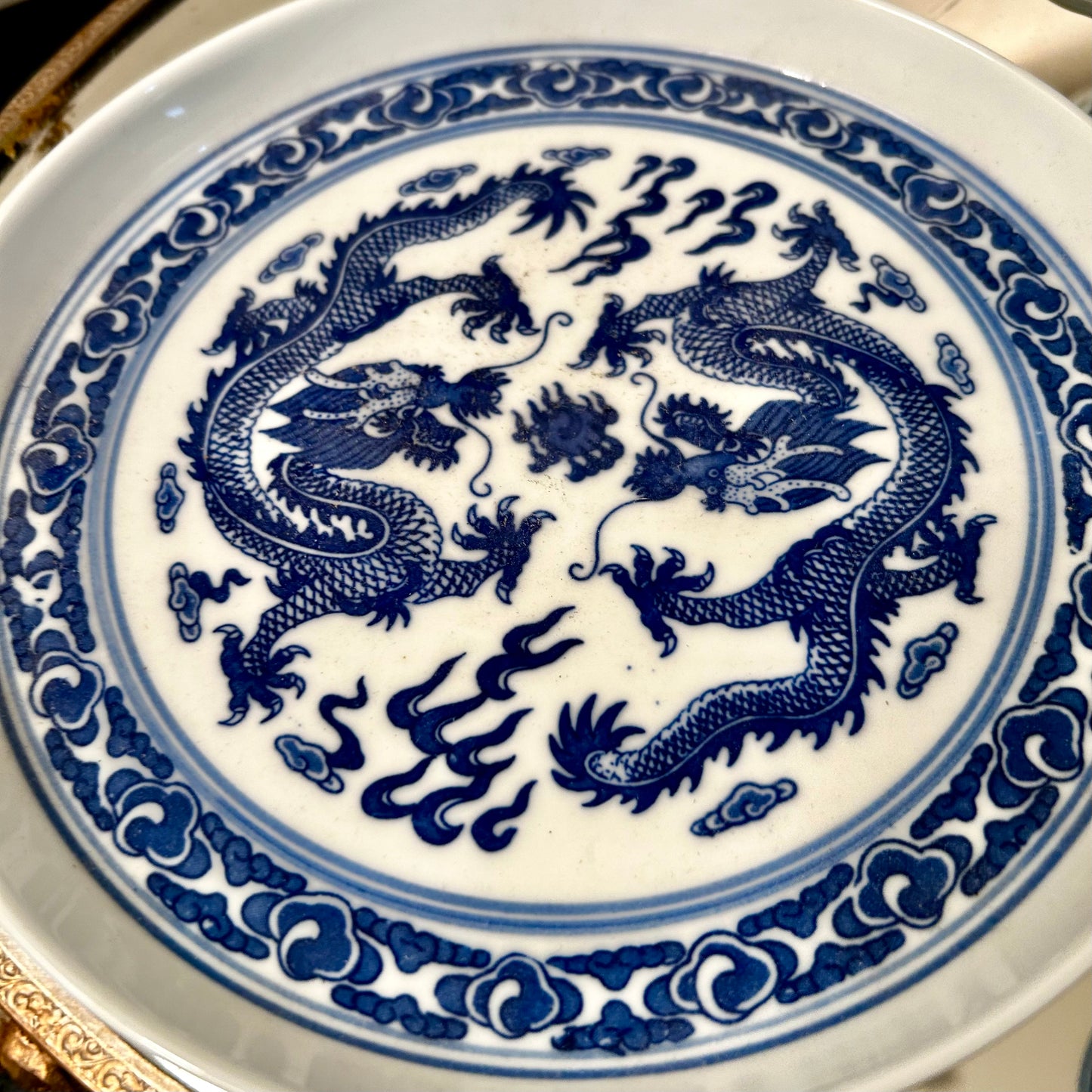 Charming 6 piece blue & white chinoiserie phoenix dragon mini tea set.