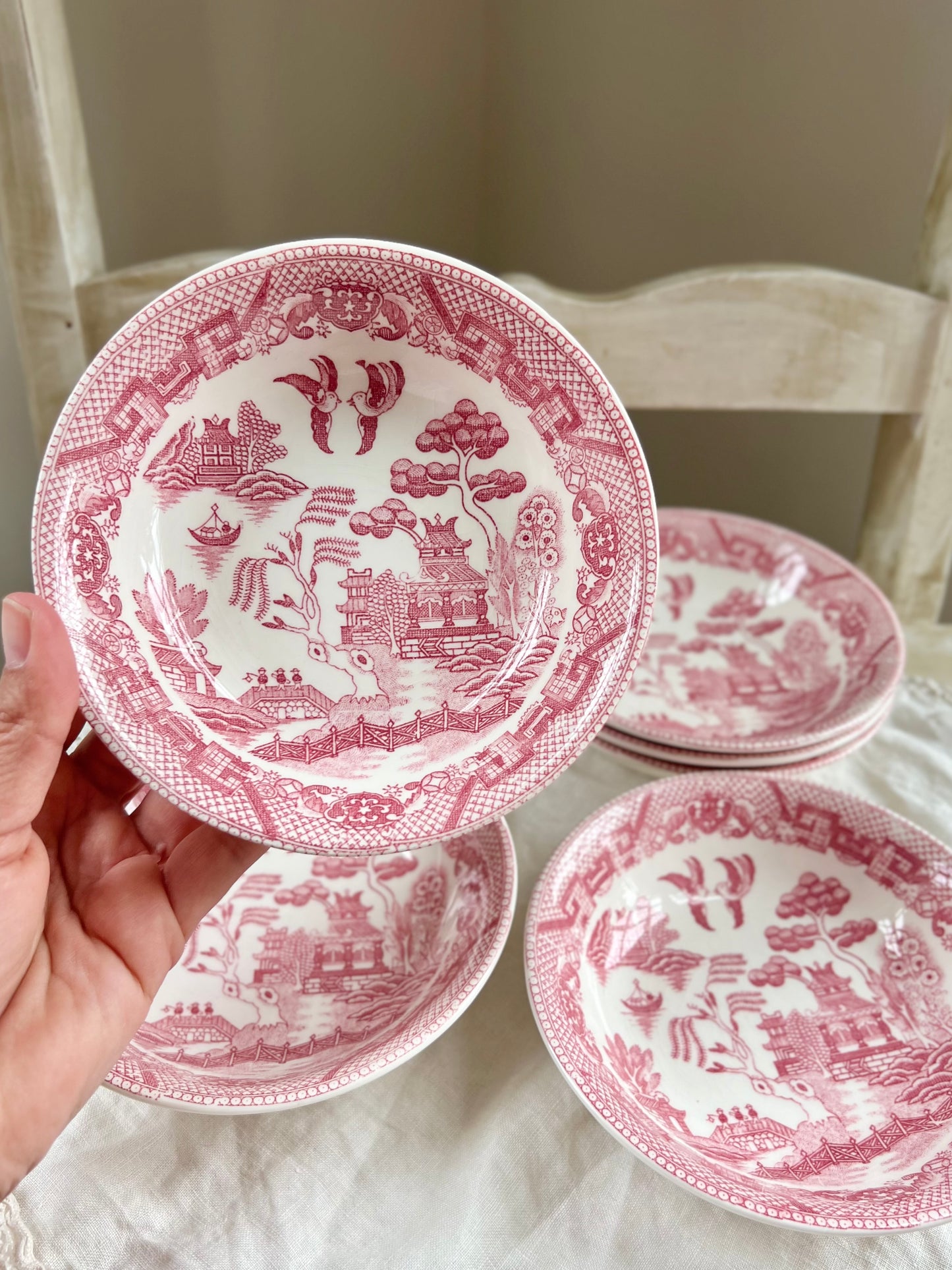 Vintage Set (6) Pink / Red Willow Berry Bowls