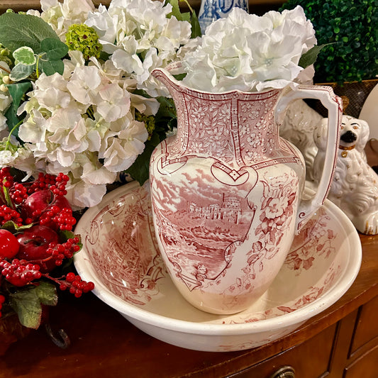 Antique English pink & white wash basin, Pitcher W/ Bowl - Excellent Condition!