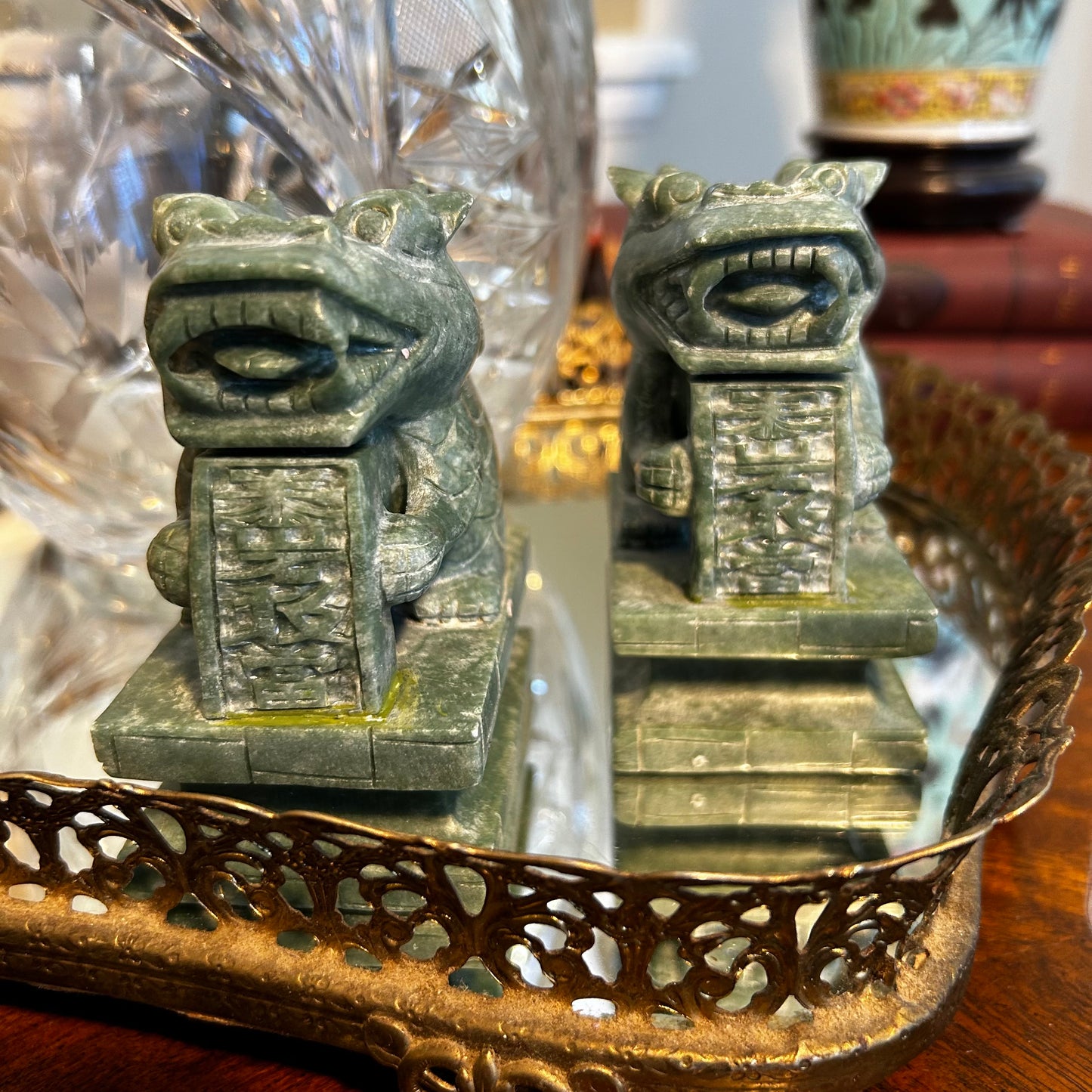 Spectacular sage green stone hand carved older vintage pair of foo dog statues figures