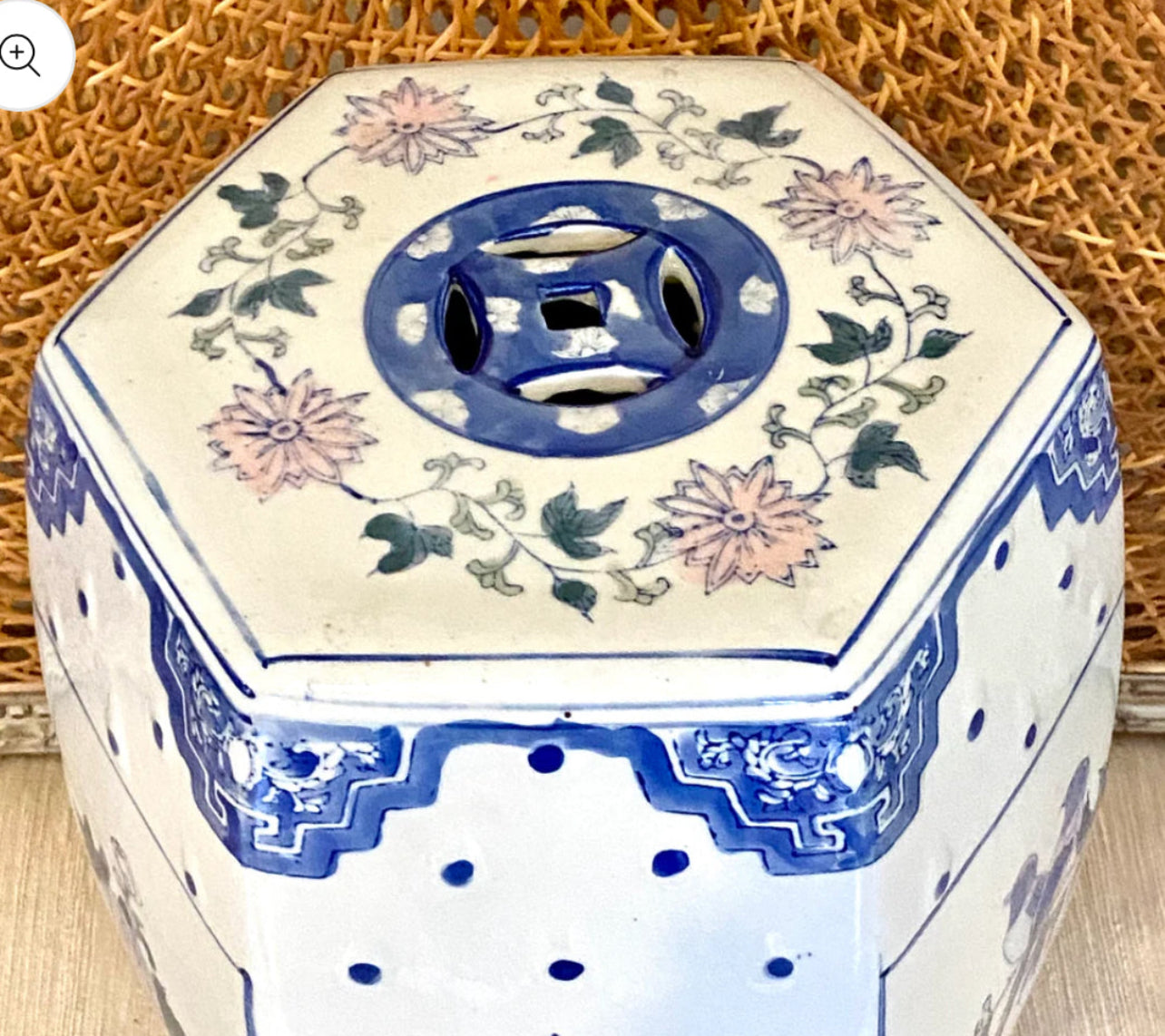 Chinoiserie chic vintage blue and white polka dot garden stool end table