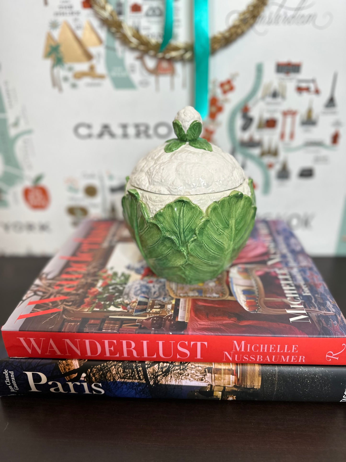 Green & White Majolica Style Figural Cauliflower Jar Bowl Canister with Lid, Made in Italy, 7.5"