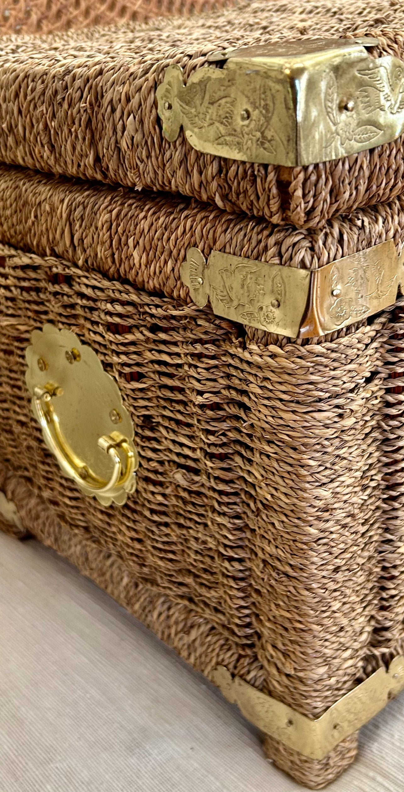 Chinoiserie chic brass and rattan storage chest trunk