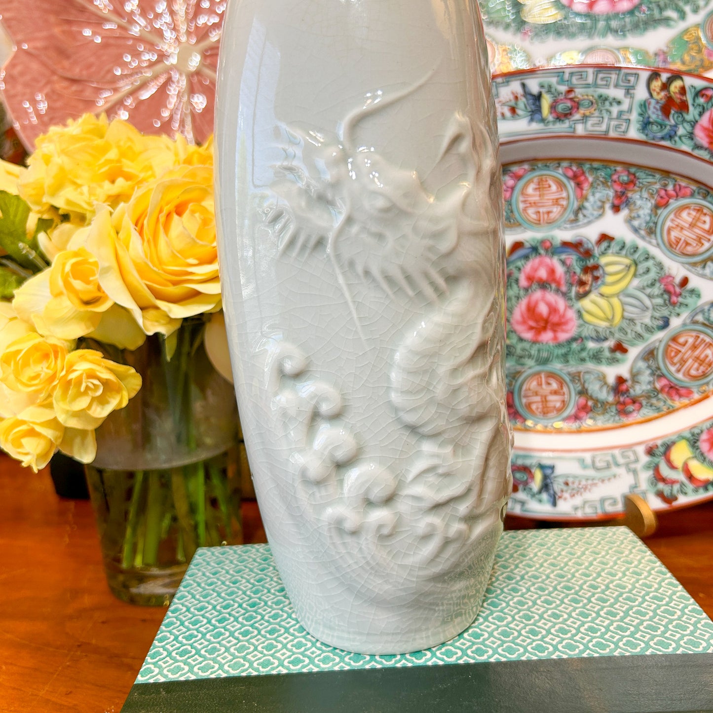 Chinese Dragon Relief Celadon Vase