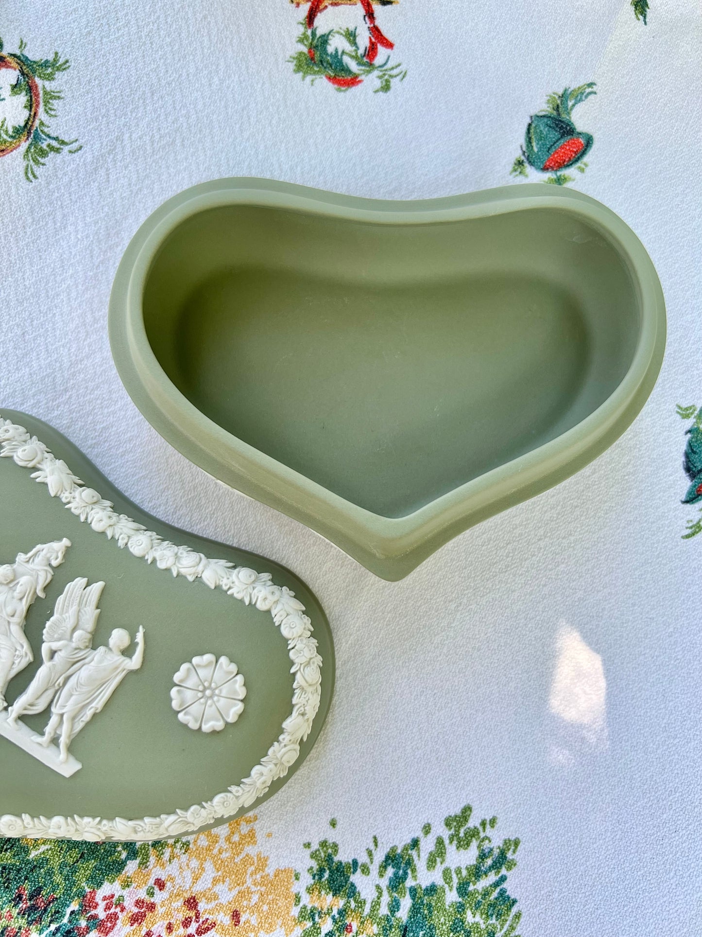 Vintage Green Wedgwood Jasperware Heart Shaped Box - 5.25" x 4"