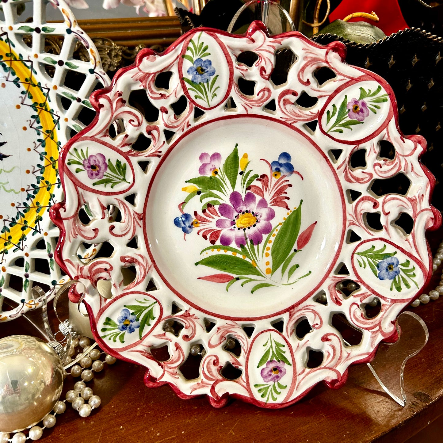 Gorgeous set of 3 Vintage hand painted reticulated Portugal Ceramic Plates