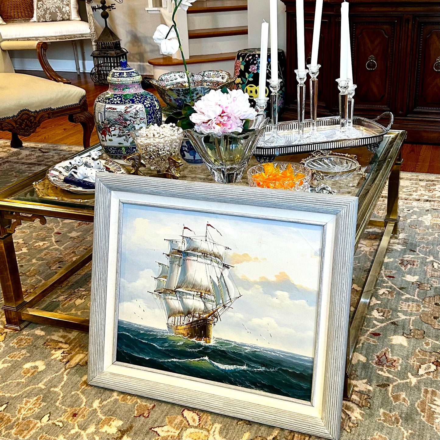 Bold & Beautiful coastal chic vintage tall ship signed sailing wall art 25 x 21 hi