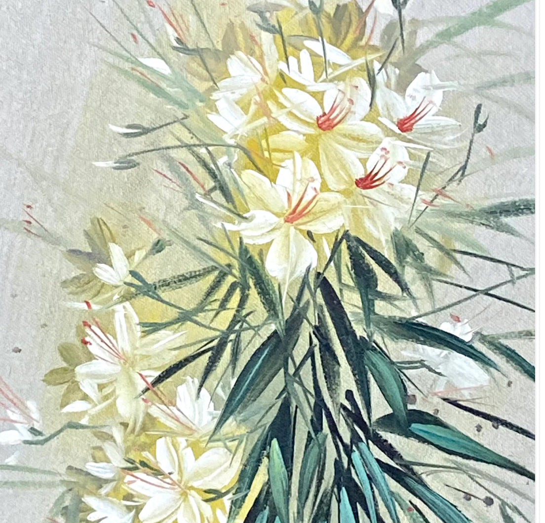 Vintage chinoiserie botanical oil Painting wall art bamboo framing