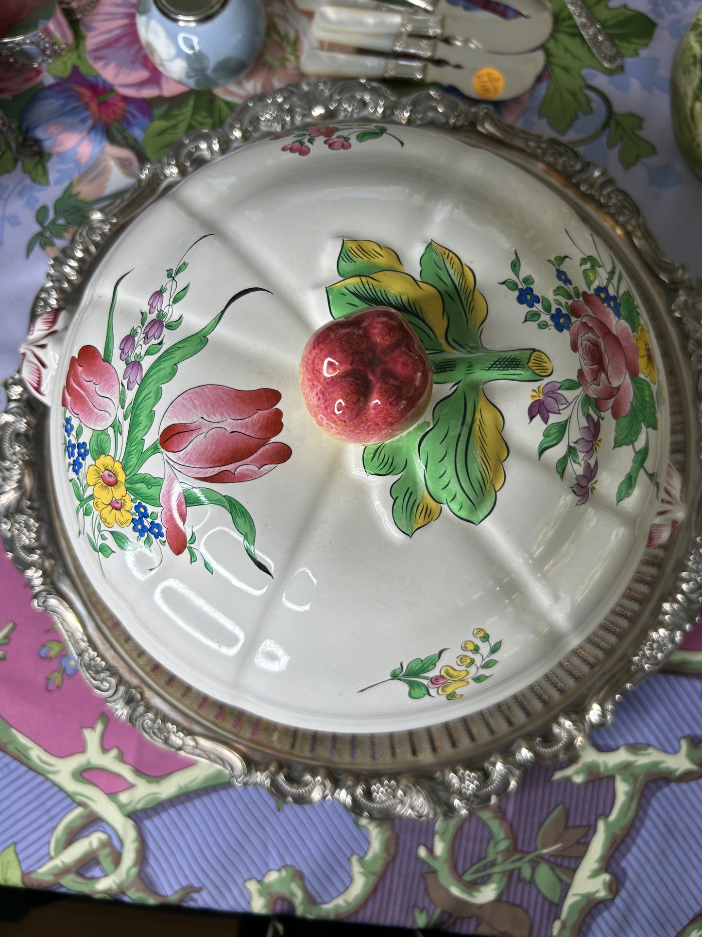 Vintage Luneville Old Strasburg Covered Tureen or Soupier with Hand Painted Tulips and Roses