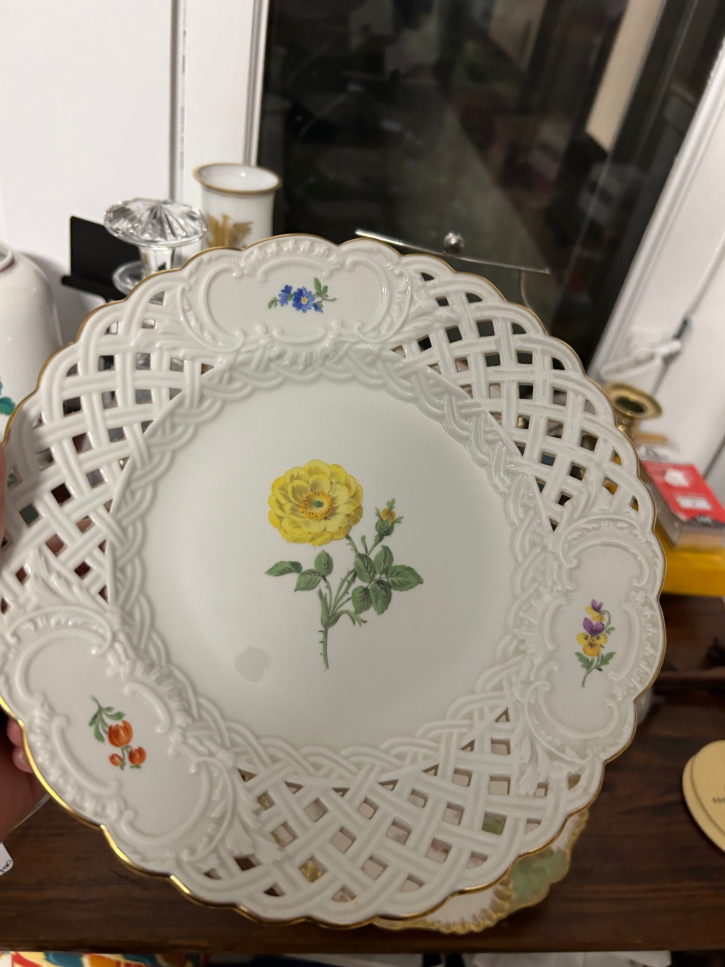 Meissen Reticulated Plate with Hand Painted Rose and Flowers 8 1/2”