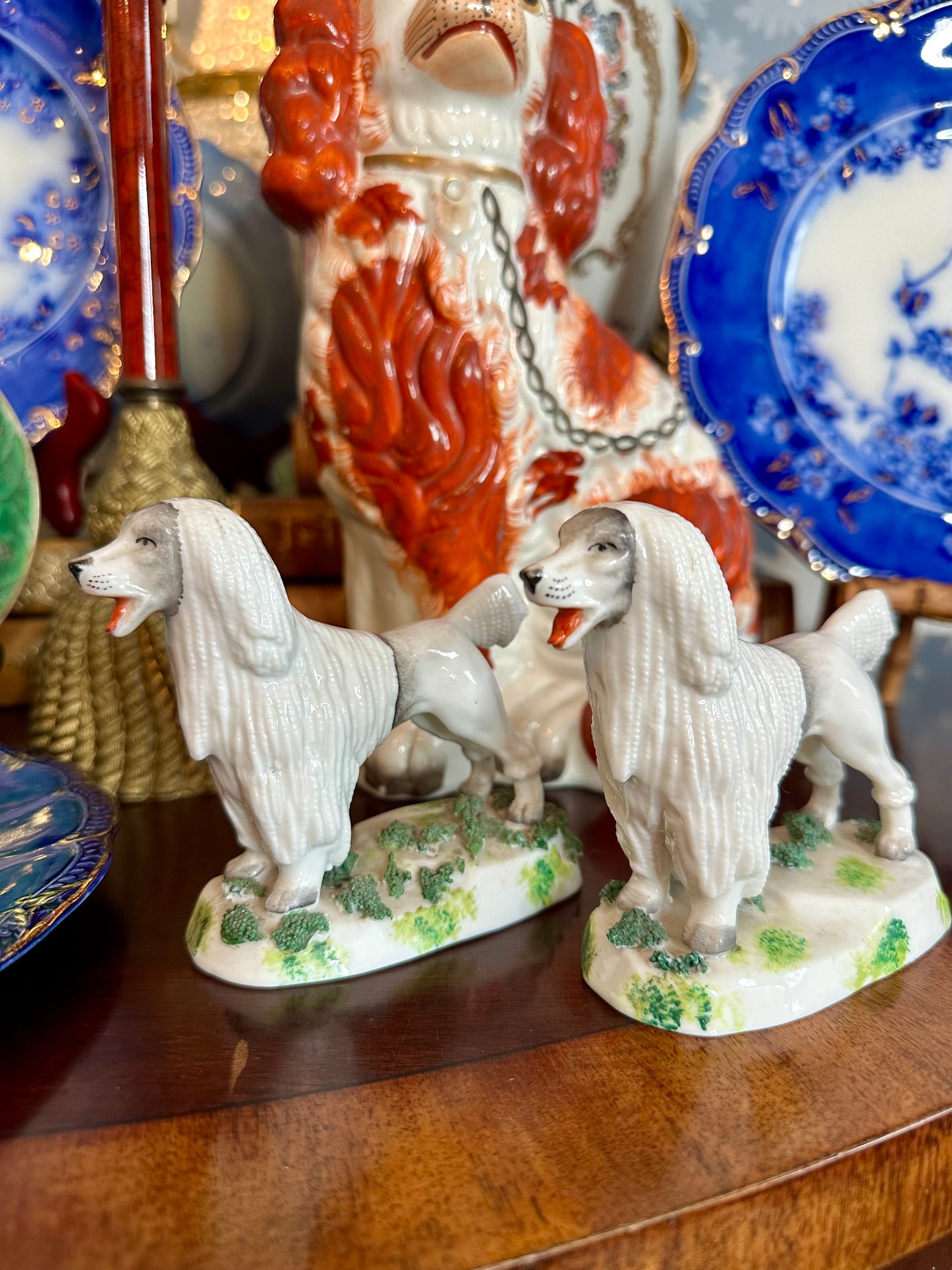 Wonderful Antique Pair of Porcelain Poodle Dog Figures