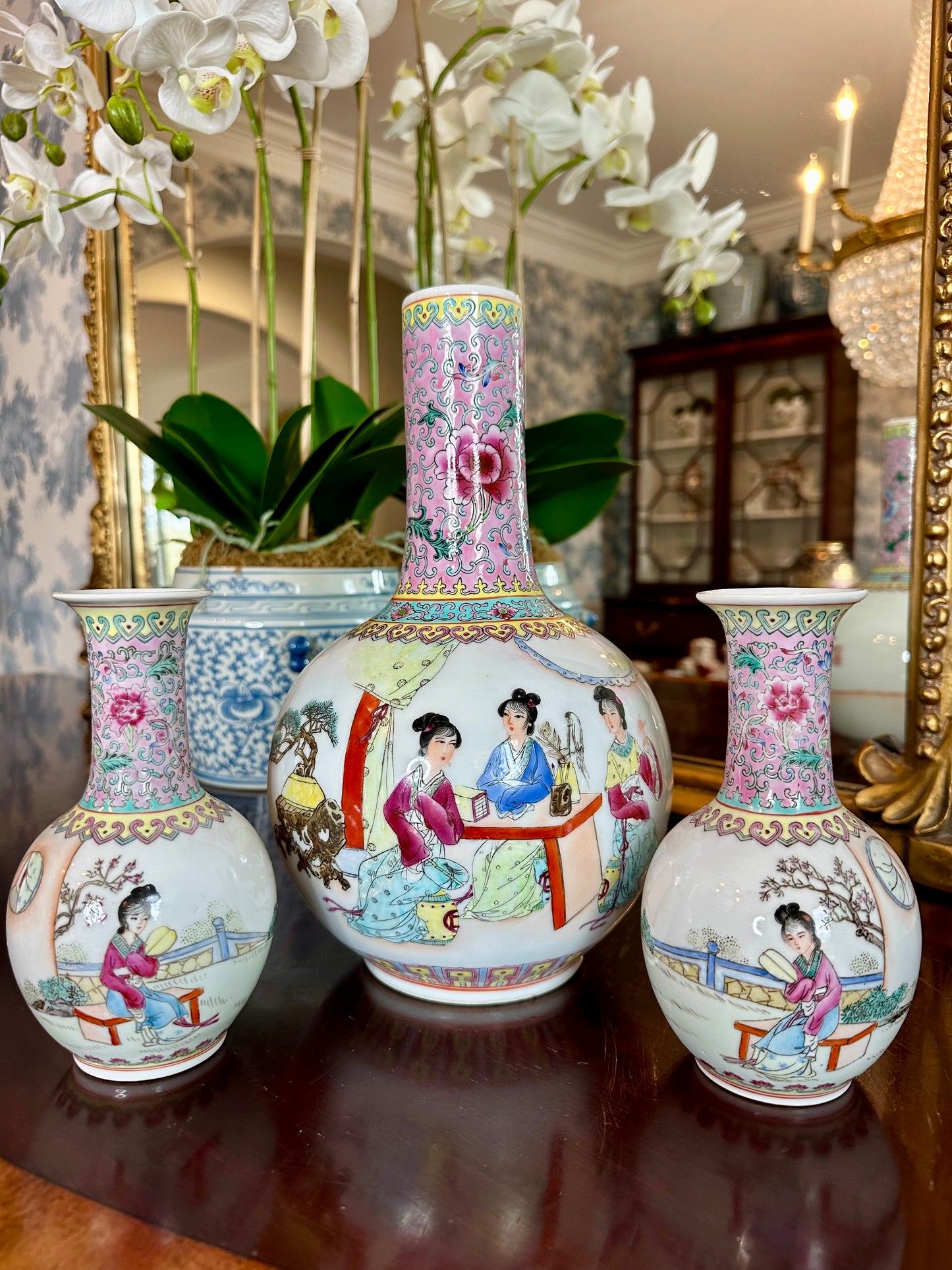 Gorgeous Vintage Pink Chinese Famille Trio Vase Set