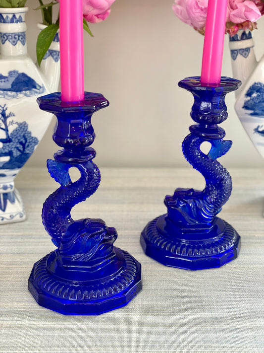 Vintage Cobalt Blue Koi Fish Candlestick Holders by Moser - Pristine!