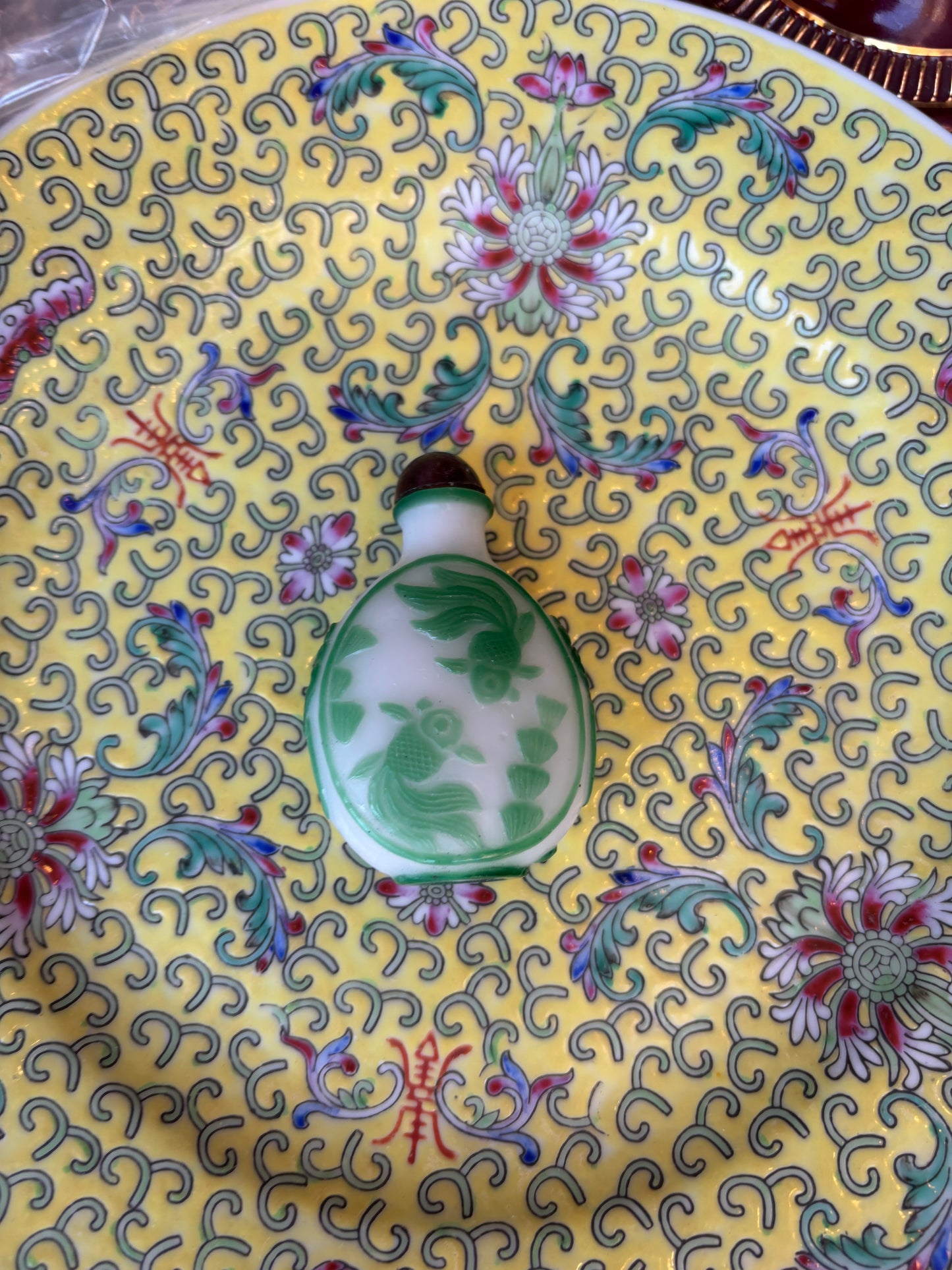 Collectible Chinese Snuff bottle with green overlay and fish!