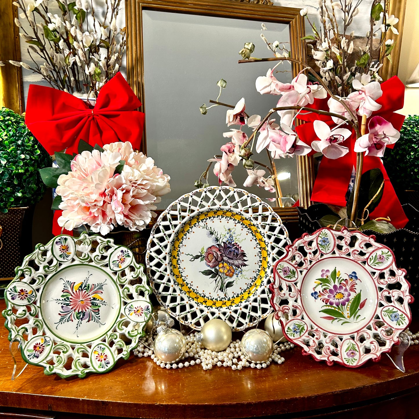 Gorgeous set of 3 Vintage hand painted reticulated Portugal Ceramic Plates