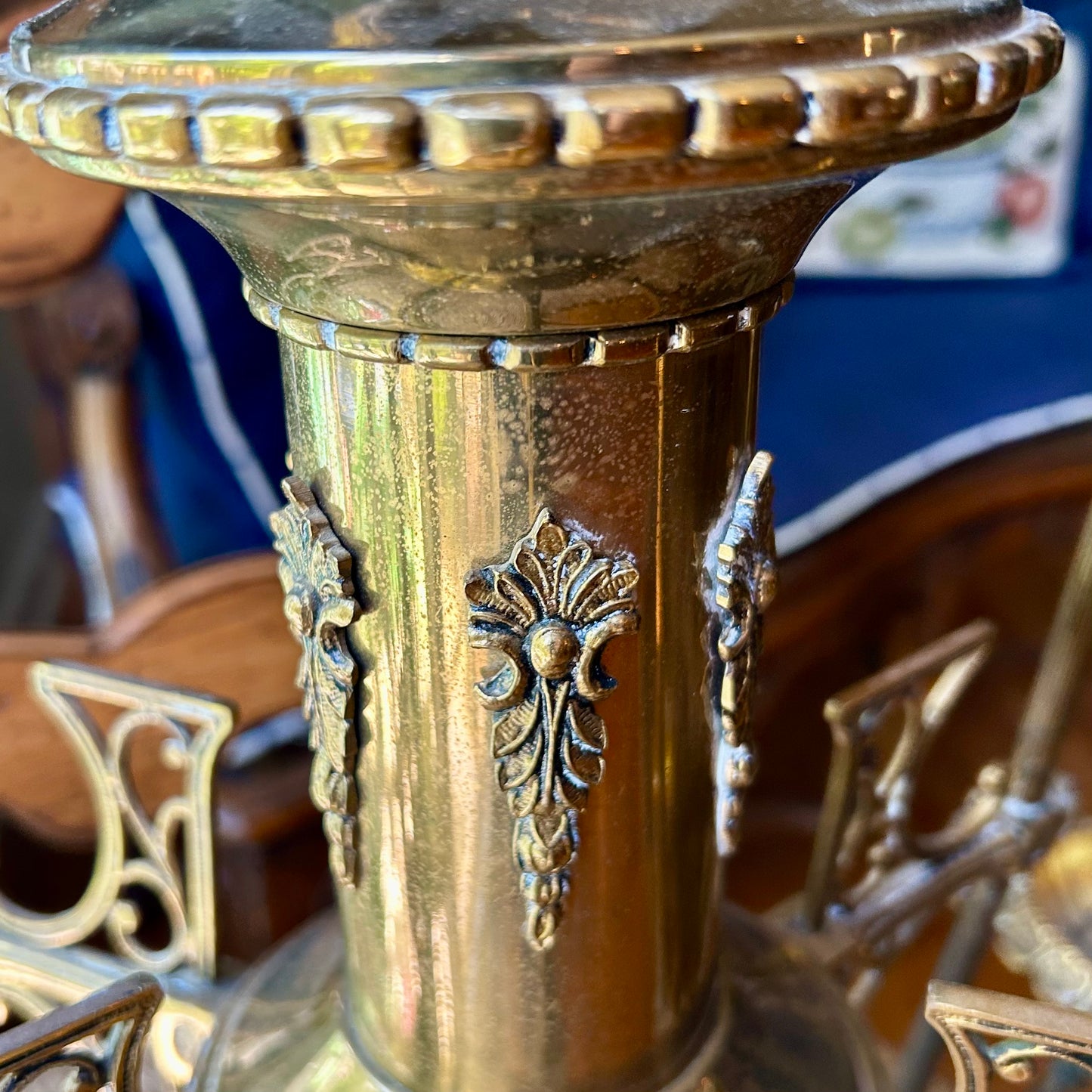 Vintage brass fretwork 6 arm chandelier