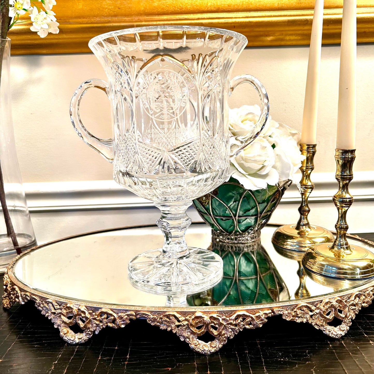 Stunning vintage crystal double handle monogrammed trophy vase champagne bucket